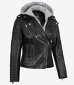 Women's Biker Style Black Leather Jacket with Hood