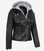 Women's Biker Style Black Leather Jacket with Hood