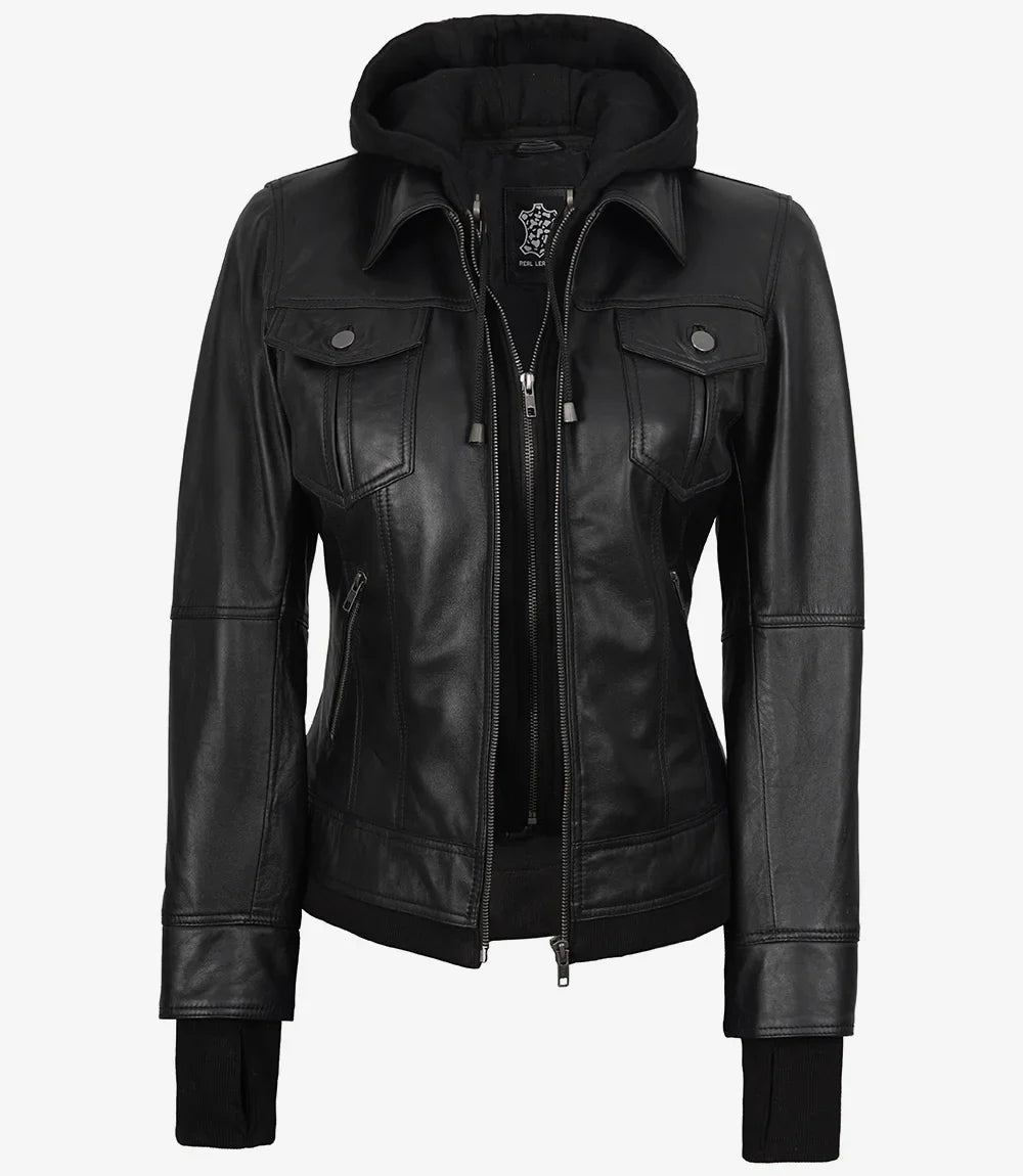 The Celeste: Womens Black Bomber Leather Jacket with Removable Hood