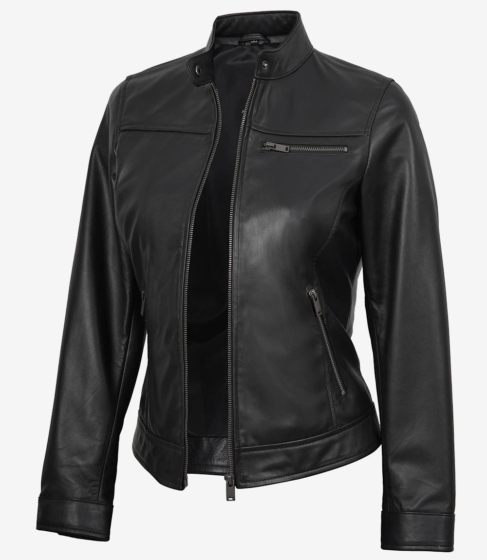 Womens Black Lambskin Biker Style Leather Jacket