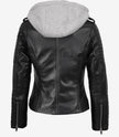 Women's Biker Style Black Leather Jacket with Hood