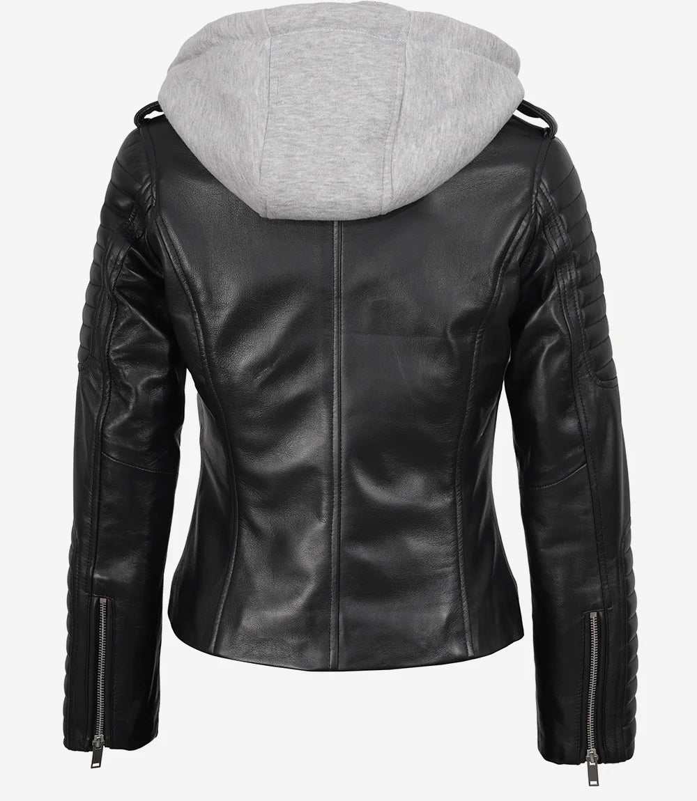 Women's Biker Style Black Leather Jacket with Hood