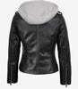 Women's Biker Style Black Leather Jacket with Hood