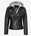 Women's Biker Style Black Leather Jacket with Hood