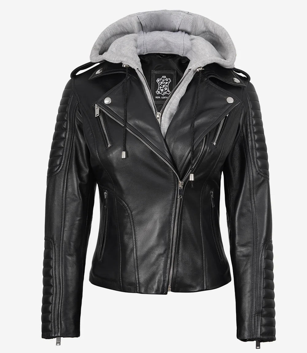 Women's Biker Style Black Leather Jacket with Hood