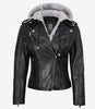 Women's Biker Style Black Leather Jacket with Hood