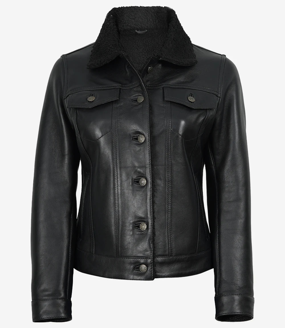 Women's Black Leather Trucker Jacket with Sherpa Lining
