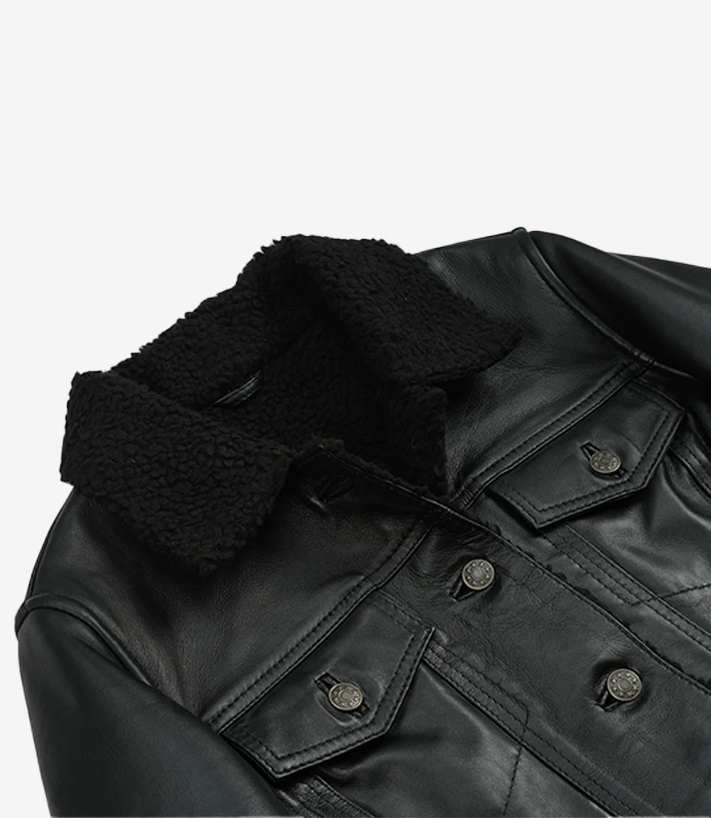 Women's Black Leather Trucker Jacket with Sherpa Lining