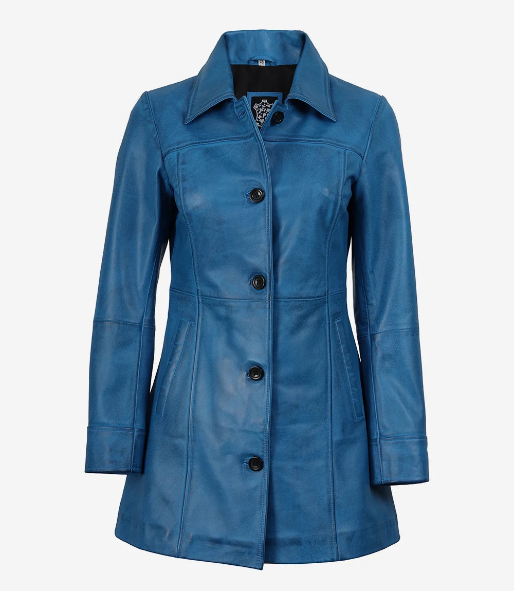 Womens Blue 3/4 Length Button Down Leather Coat