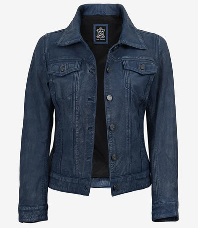 Women's Blue Washed Trucker Leather Jacket