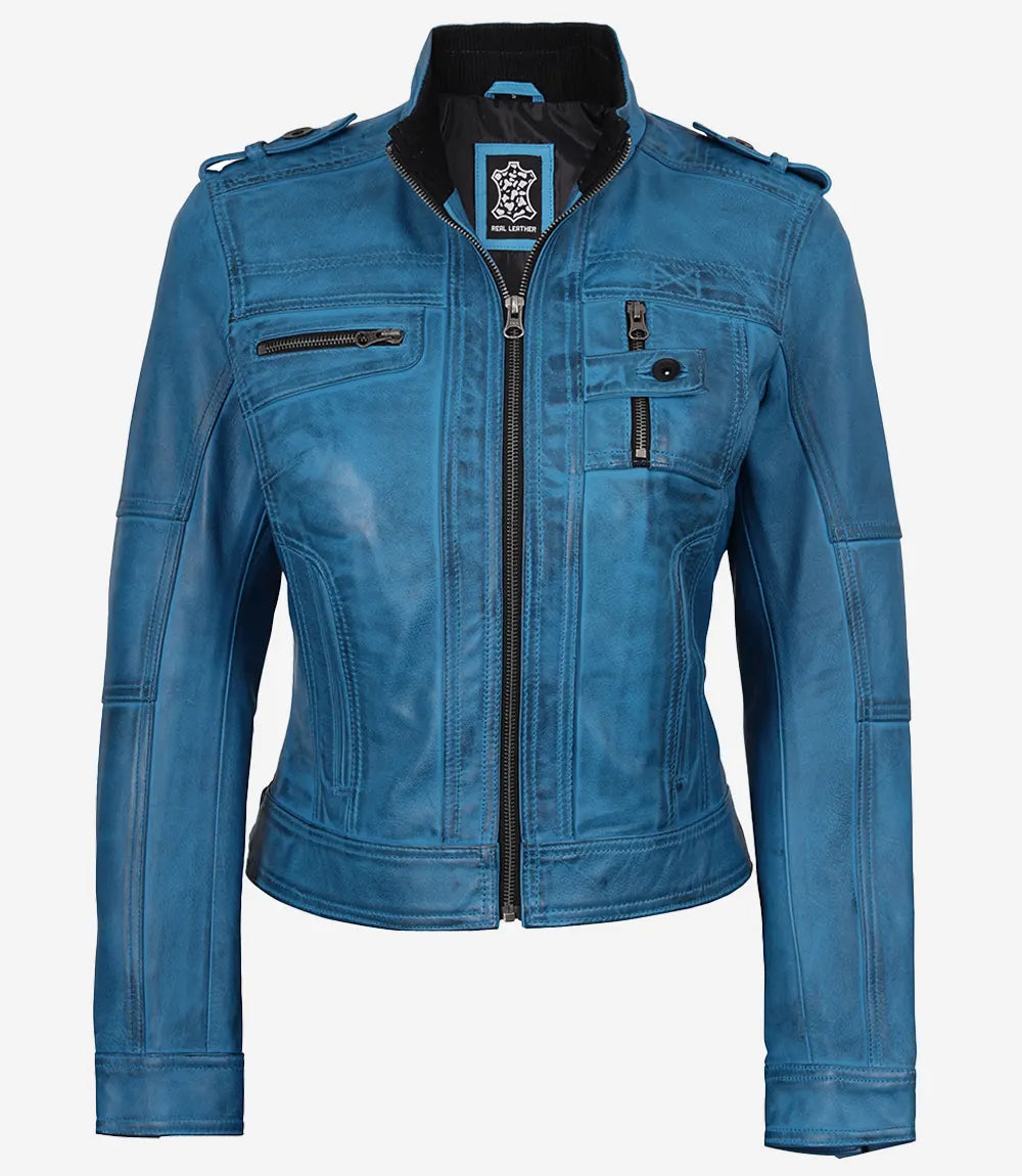 Women's Blue Waxed Lambskin Leather Biker Style Jacket