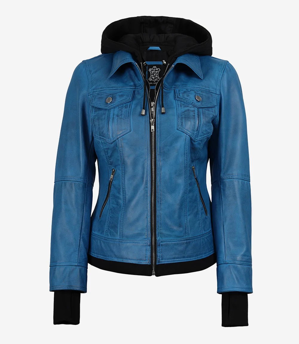 Women’s Blue Waxed Real Leather Jacket with Removable Hood