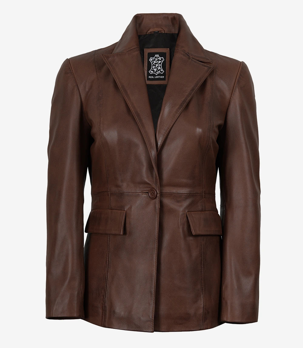Women’s Brown Cognac Waxed Lambskin Leather Blazer – Single Button
