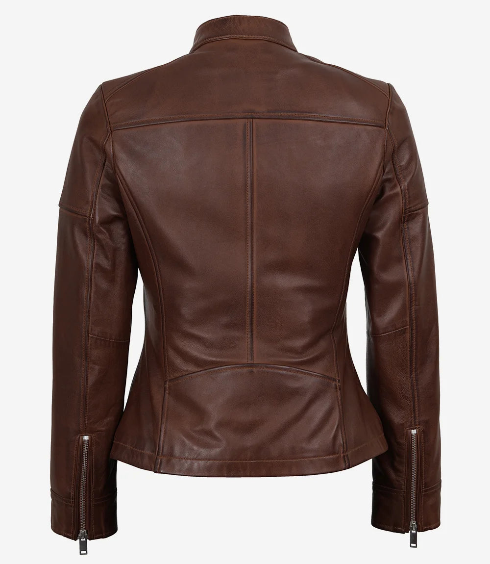 Women's Brown Textured Leather Biker Style Jacket