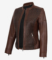 Women's Brown Textured Leather Biker Style Jacket