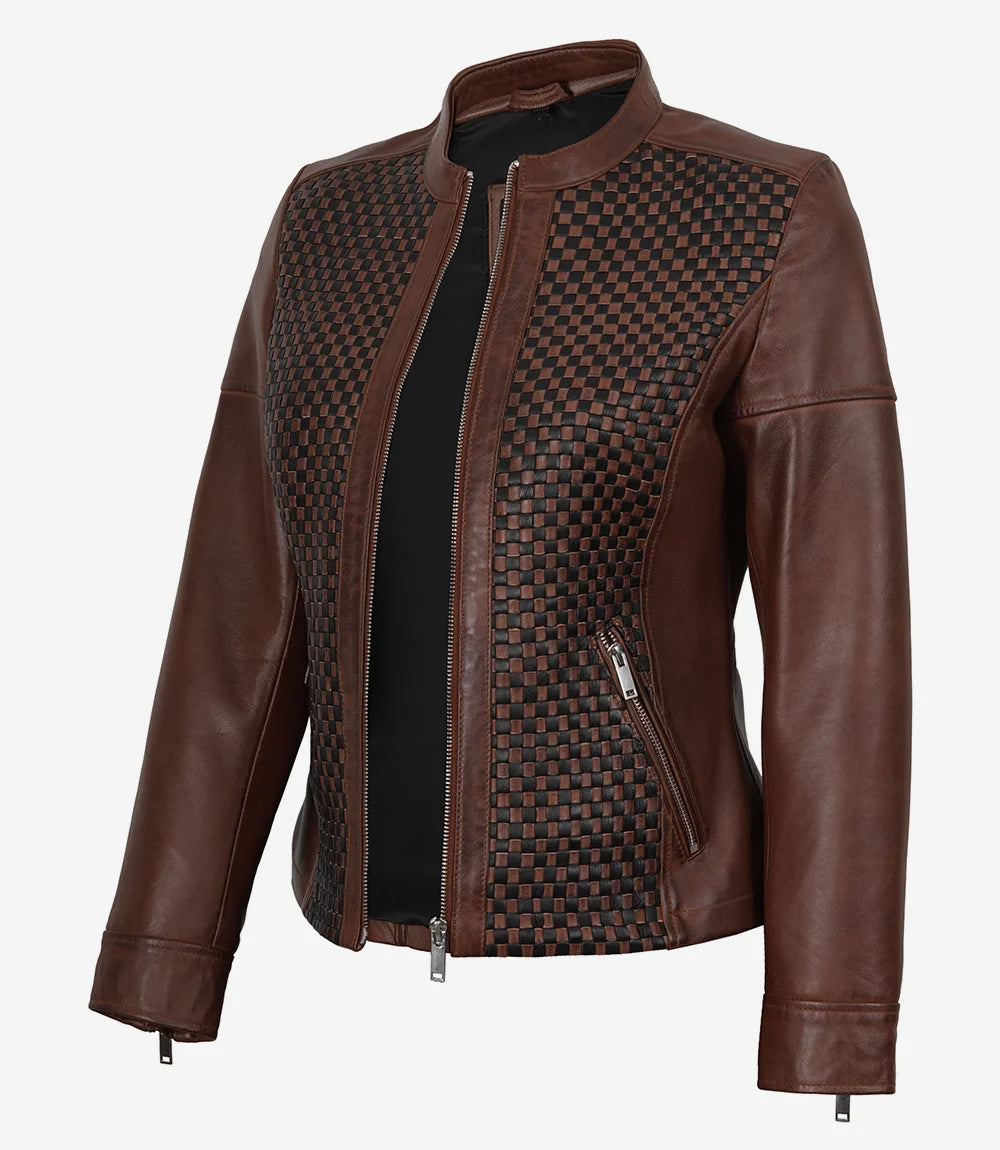Women's Brown Textured Leather Biker Style Jacket