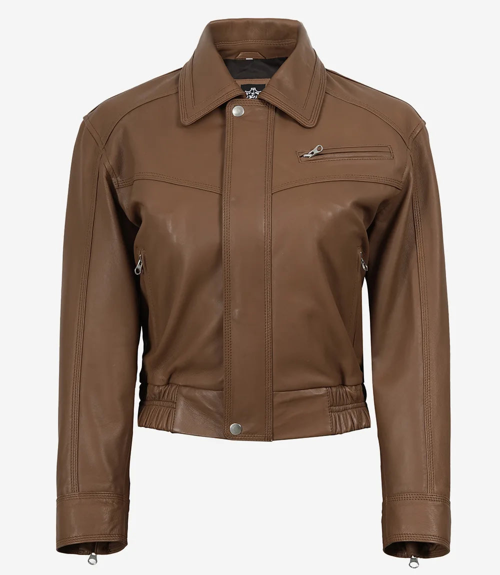 Women's Premium Leather Light Brown Bomber Jacket