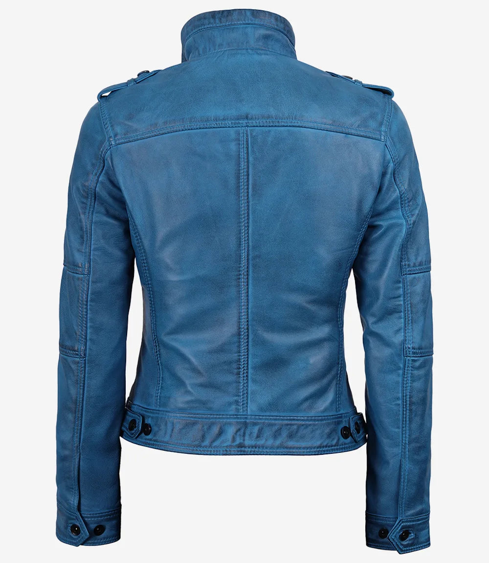 Women's Blue Waxed Lambskin Leather Biker Style Jacket