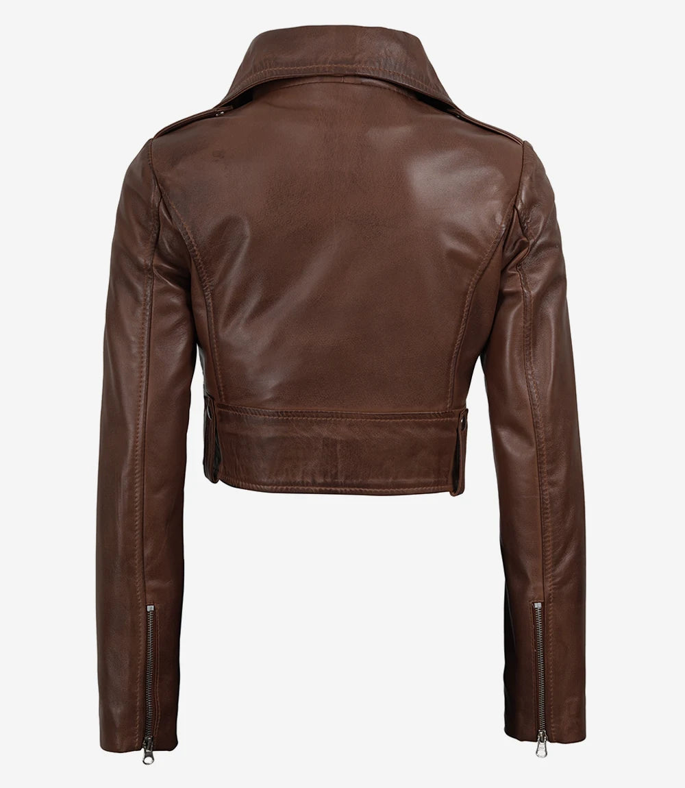 Women Biker Style Cognac Waxed Cropped Leather Jacket
