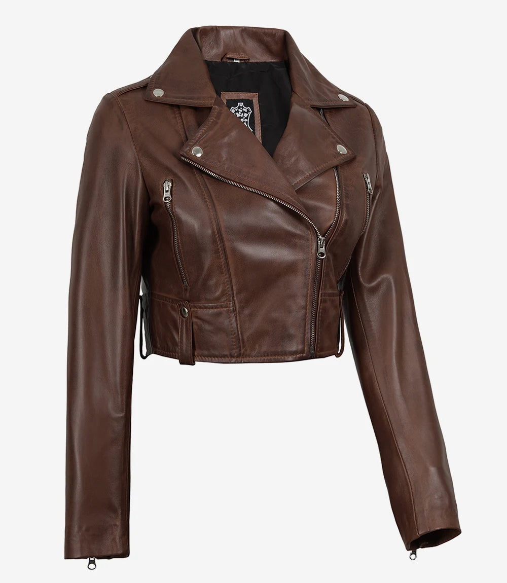 Women Biker Style Cognac Waxed Cropped Leather Jacket