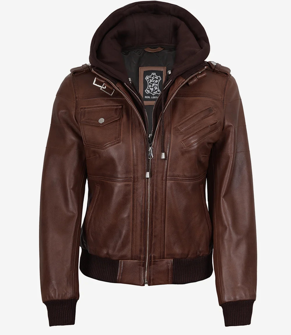 Womens Cognac Leather Bomber Jacket With Removable Hood