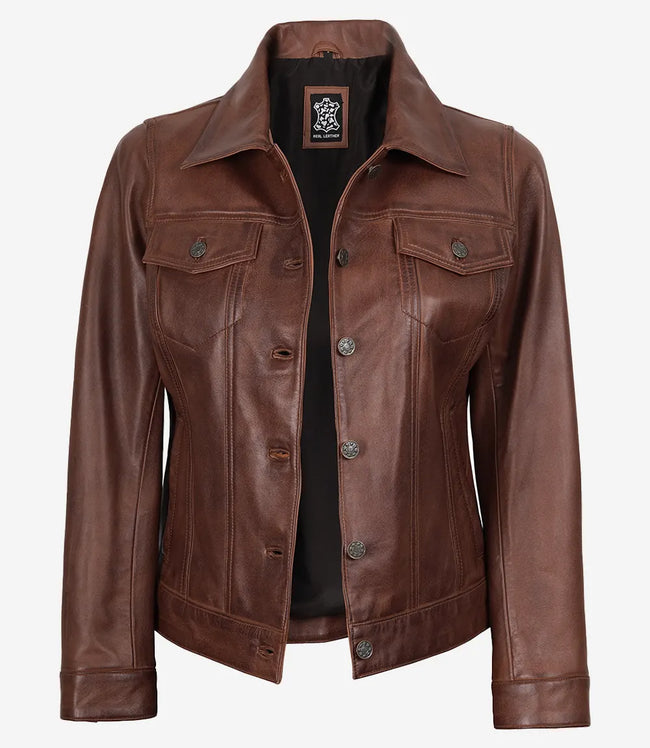 Womens Cognac Brown Trucker Leather Jacket