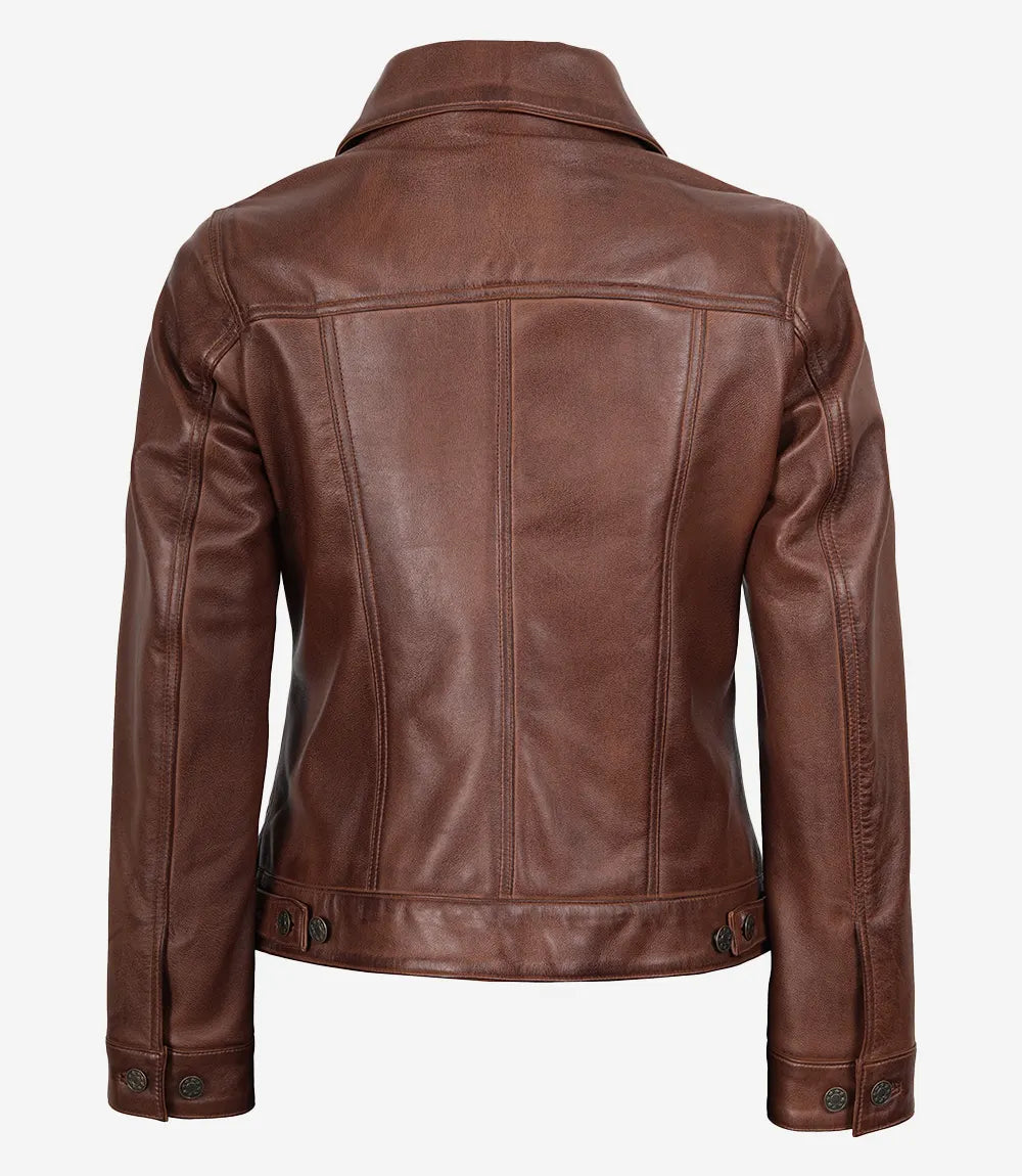 Womens Cognac Brown Trucker Leather Jacket