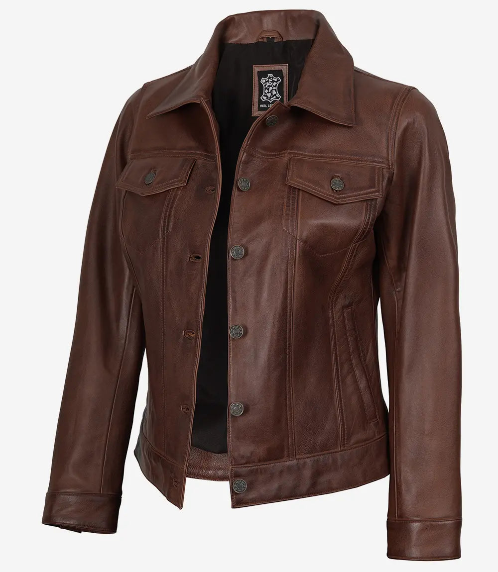 Womens Cognac Brown Trucker Leather Jacket