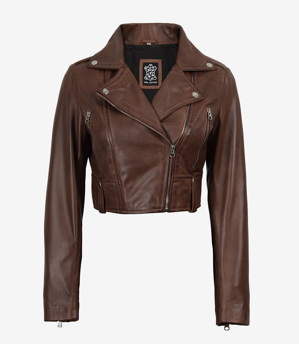 Women Biker Style Cognac Waxed Cropped Leather Jacket