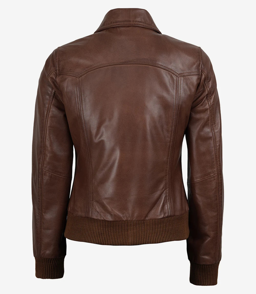 Women's Cognac Waxed Leather Bomber Jacket with Shirt Collar
