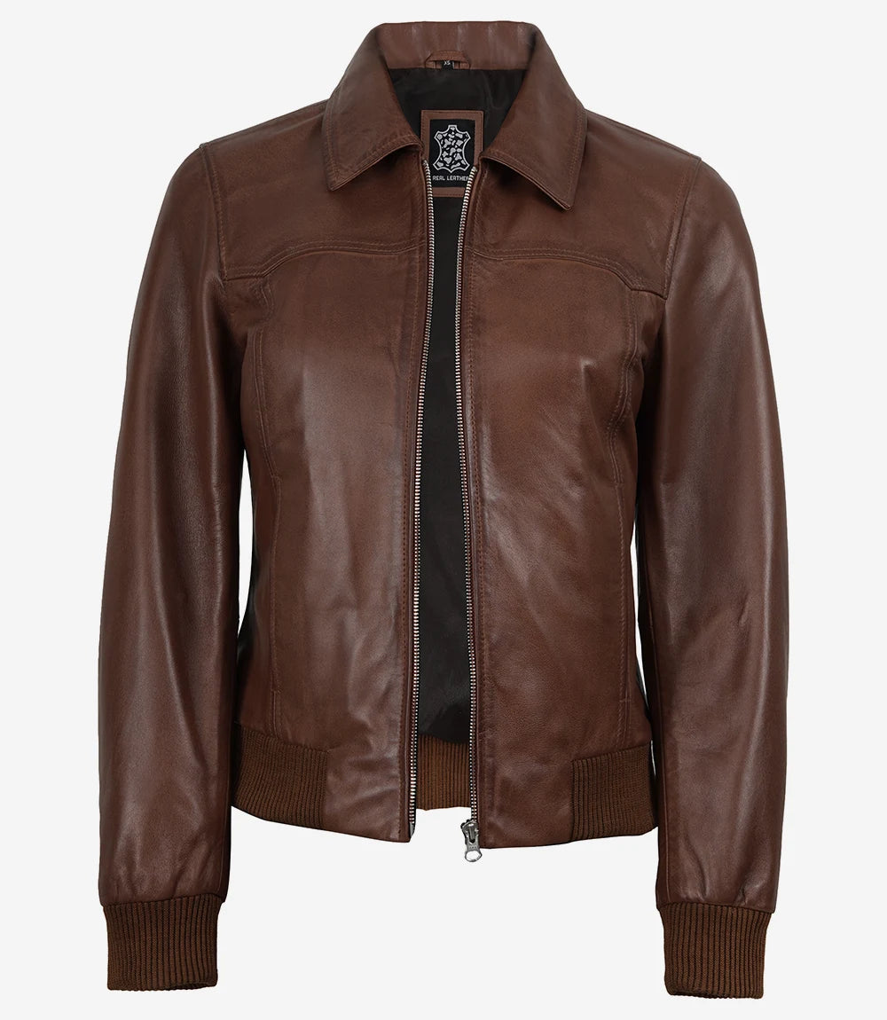 Women's Cognac Waxed Leather Bomber Jacket with Shirt Collar