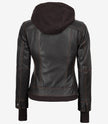 Women's Distressed Brown Bomber Leather Jacket with Removable Hood