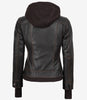 Women's Distressed Brown Bomber Leather Jacket with Removable Hood