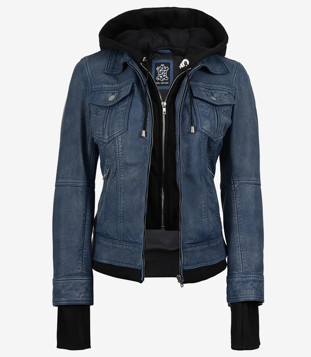 The Céleste: Womens Blue Washed Bomber Leather Jacket with Removable Hood