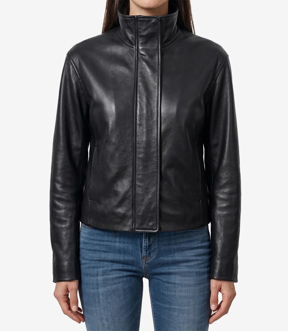 Women's Drop-Shoulder Black Lambskin Leather Funnel Neck Jacket