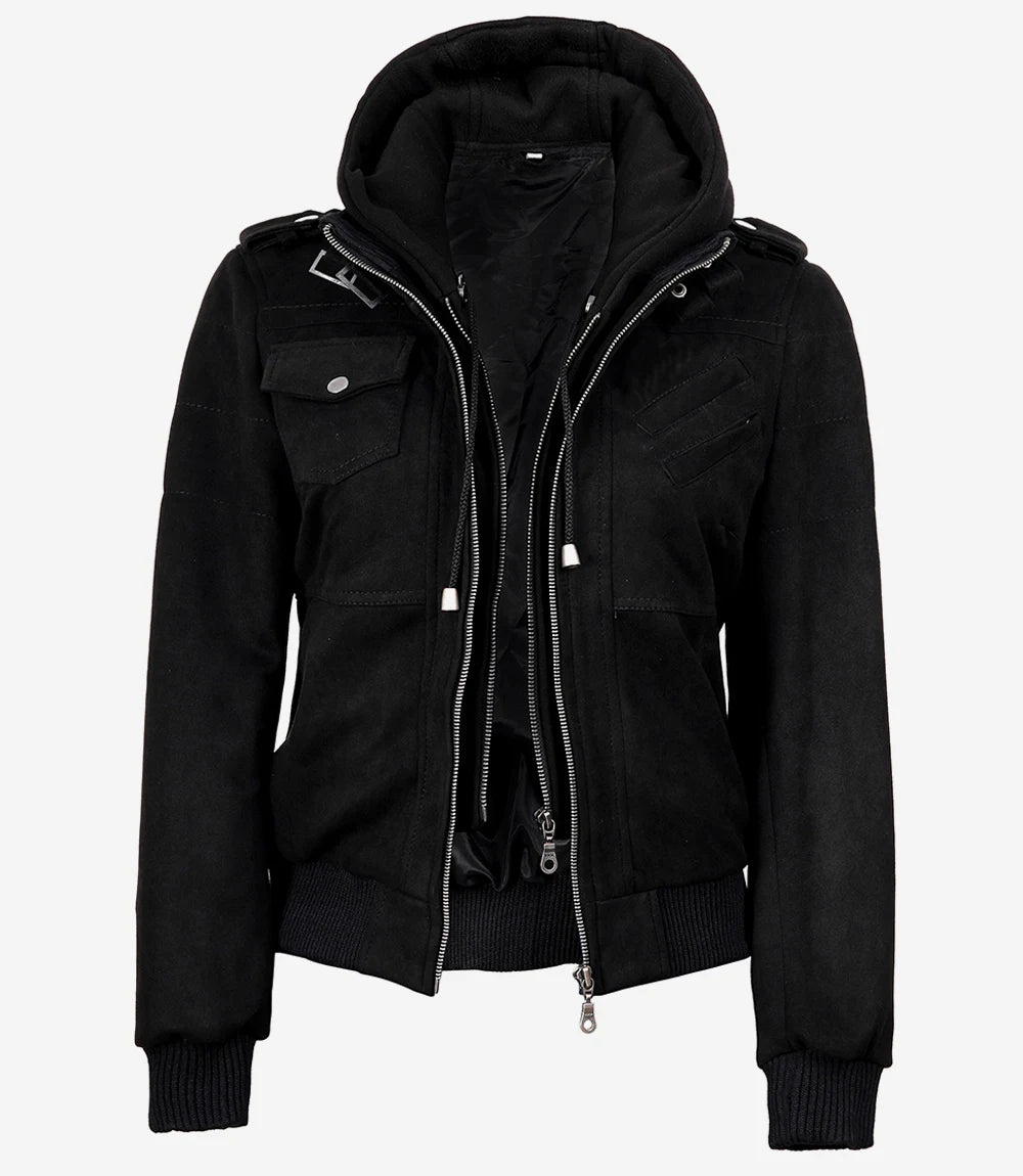 Women's Black Faux Suede Hooded Bomber Jacket