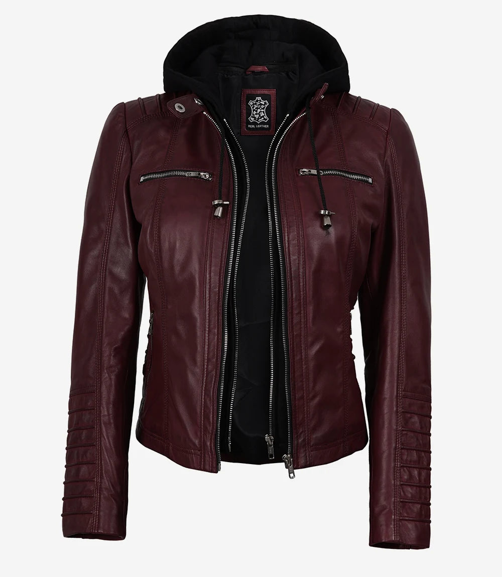 Women's Maroon Waxed Leather Hooded Biker Jacket