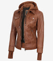 Tralee Women's Tan Waxed Bomber Leather Jacket With Detachable Hood