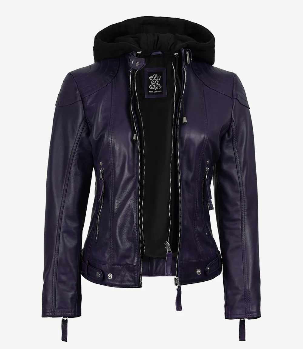 Women’s Purple Waxed Real Leather Jacket with Removable Hood