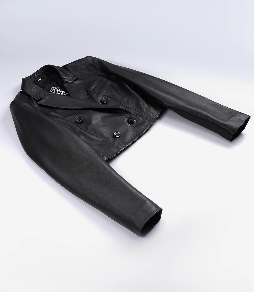 Women's Black Lambskin Double-Breasted Cropped Blazer