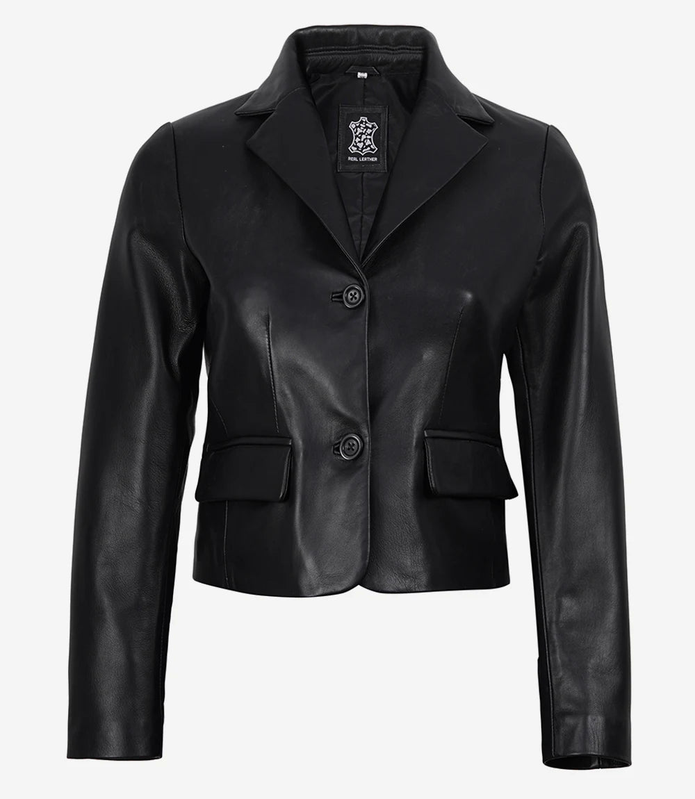 Women's Premium Black Leather 2-Button Cropped Blazer