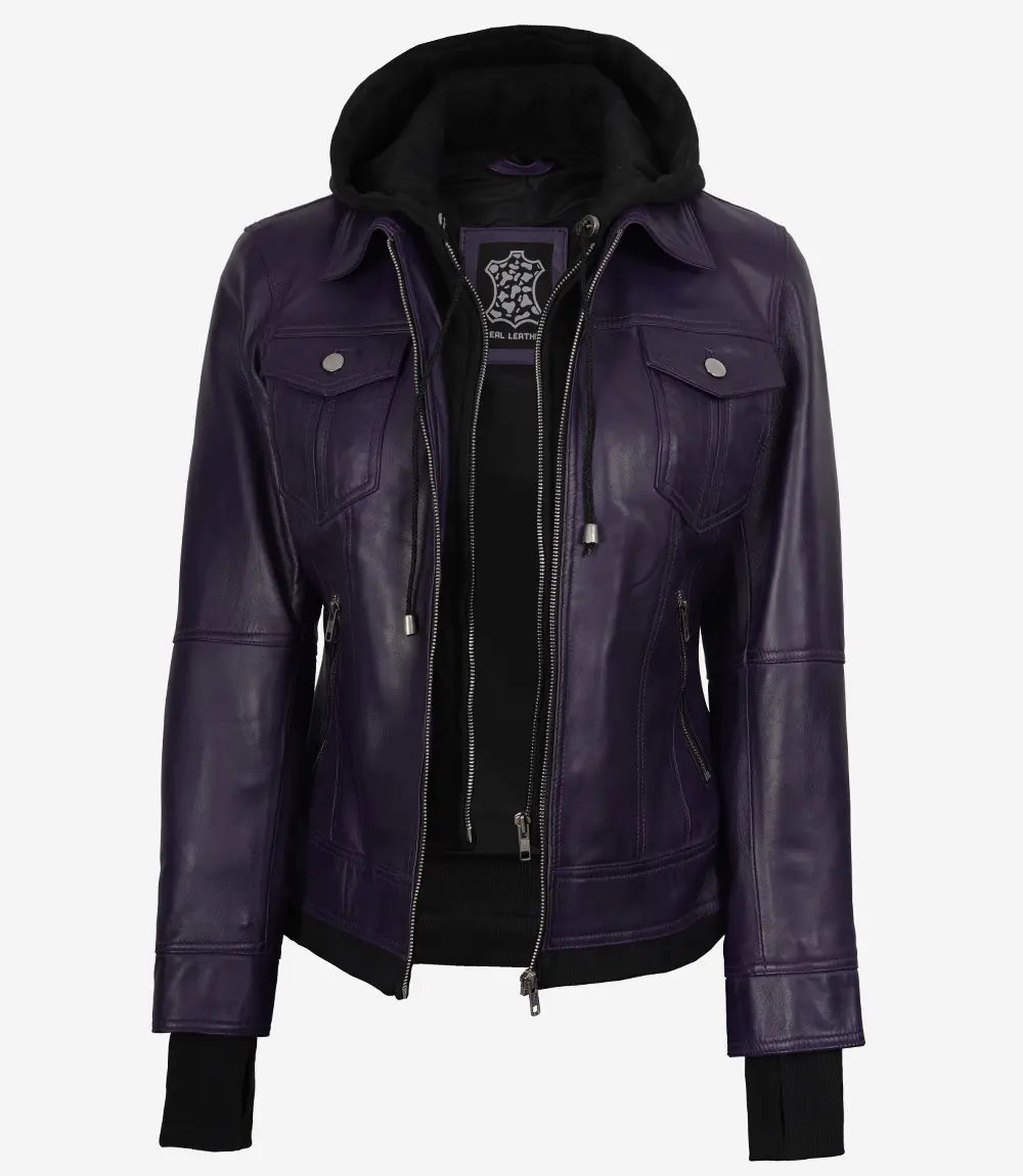 Women's Purple Bomber Leather Jacket - Removable Hood