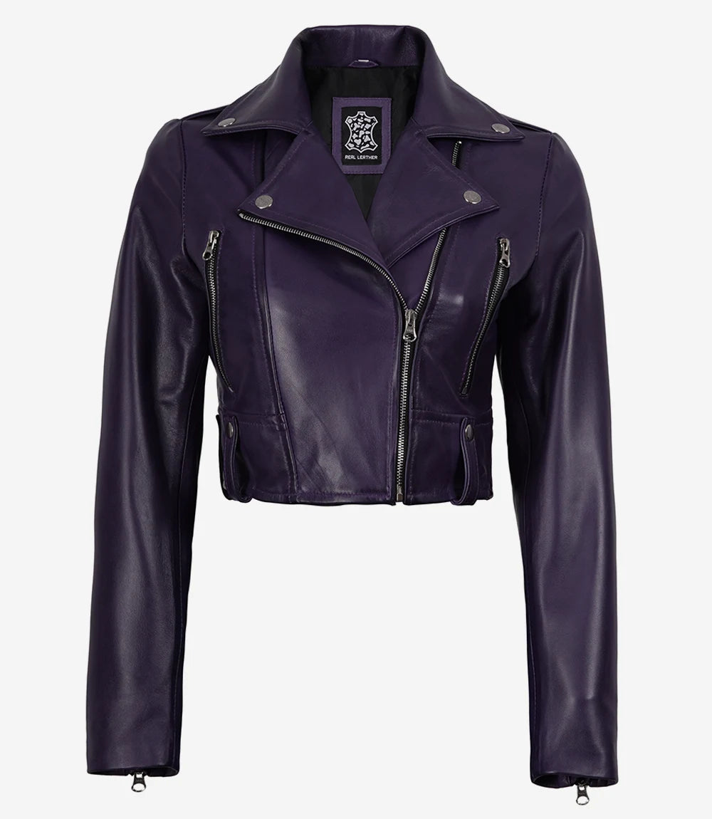Women's Purple Lambskin Leather Cropped Biker Jacket – Asymmetric Zip