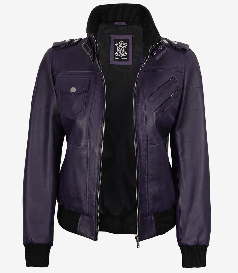 Womens Purple Bomber Leather Jacket with Removeable Hood