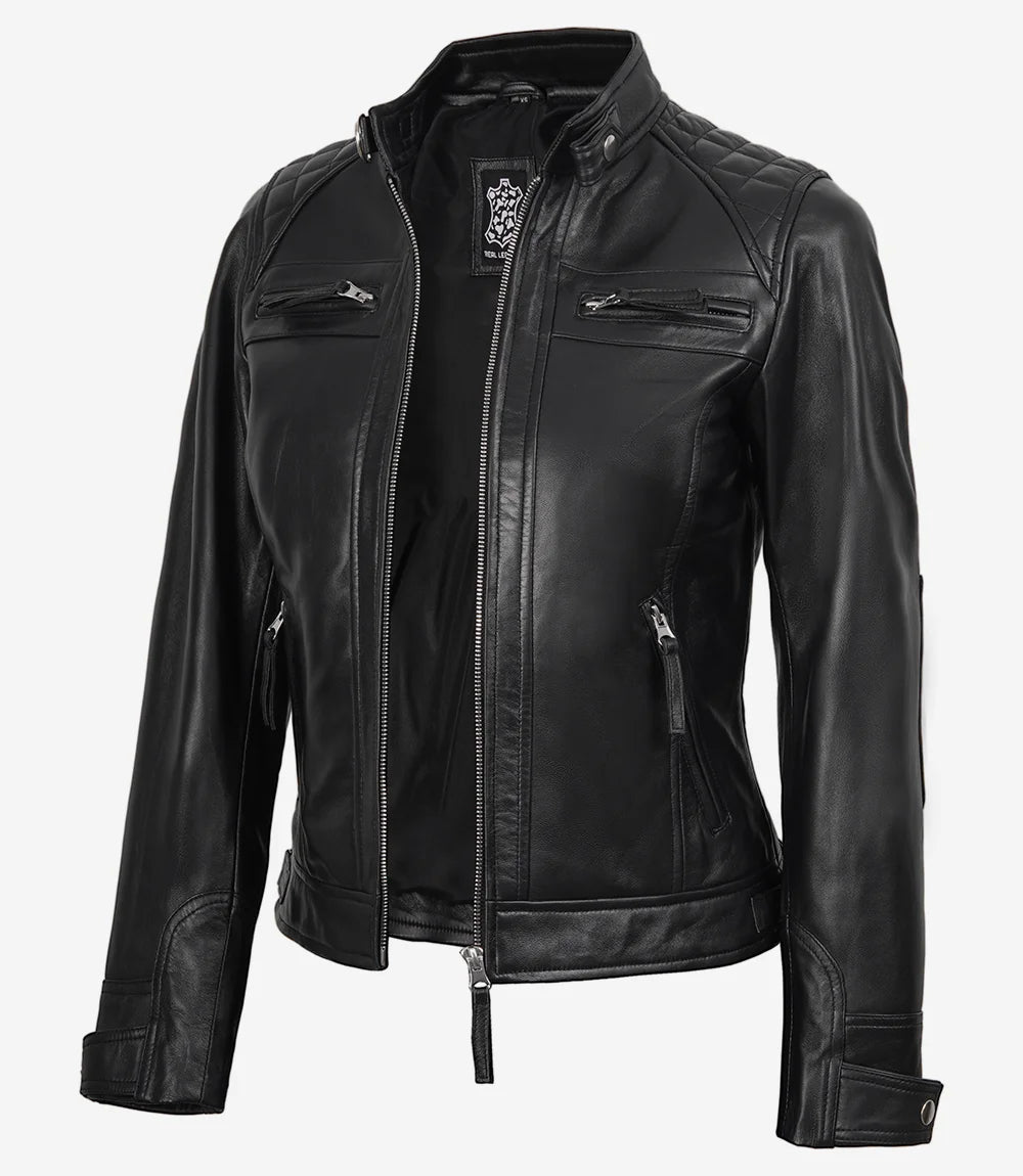 Womens Black Leather Biker Style Jacket - Quilted Shoulder