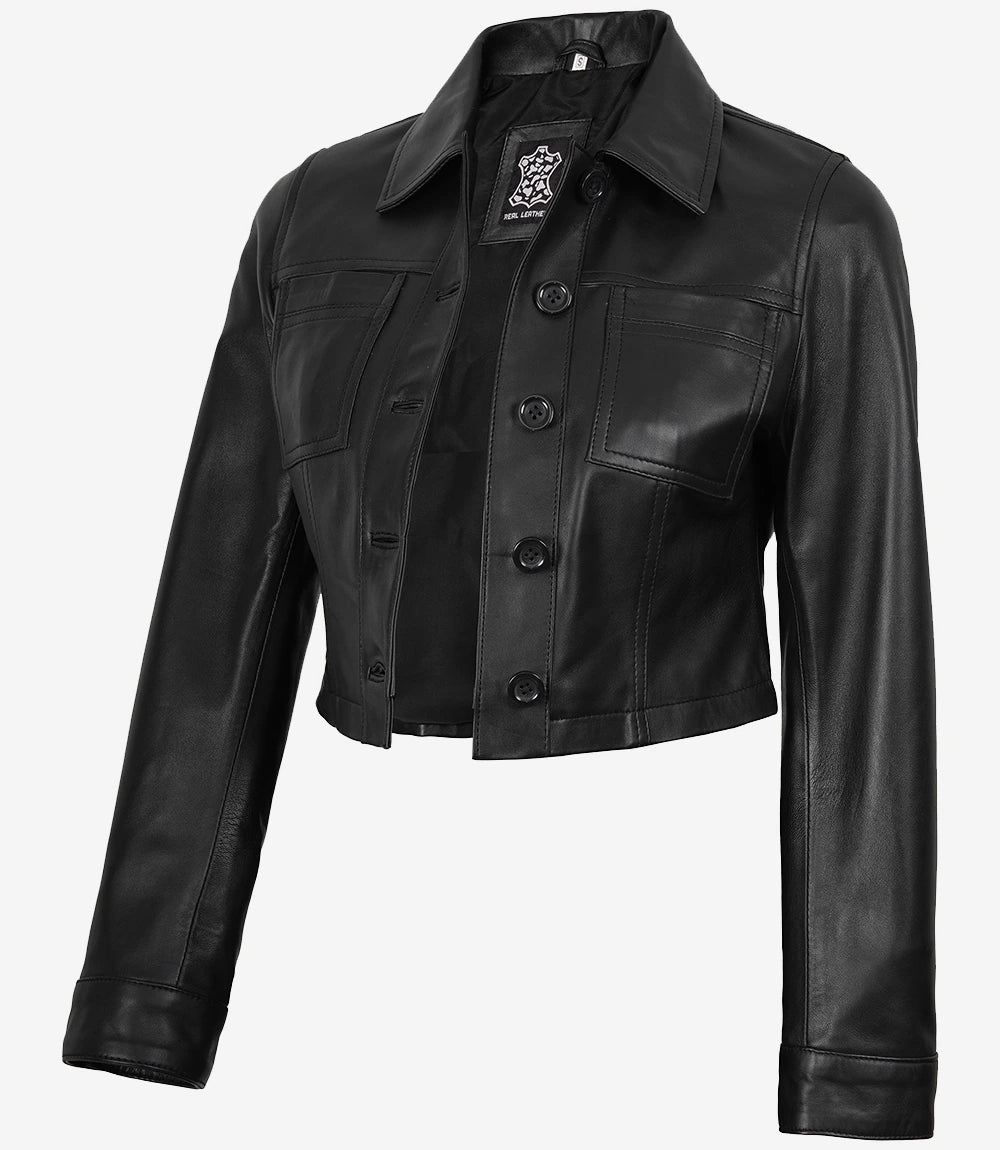 Womens Cropped Black Leather Jacket