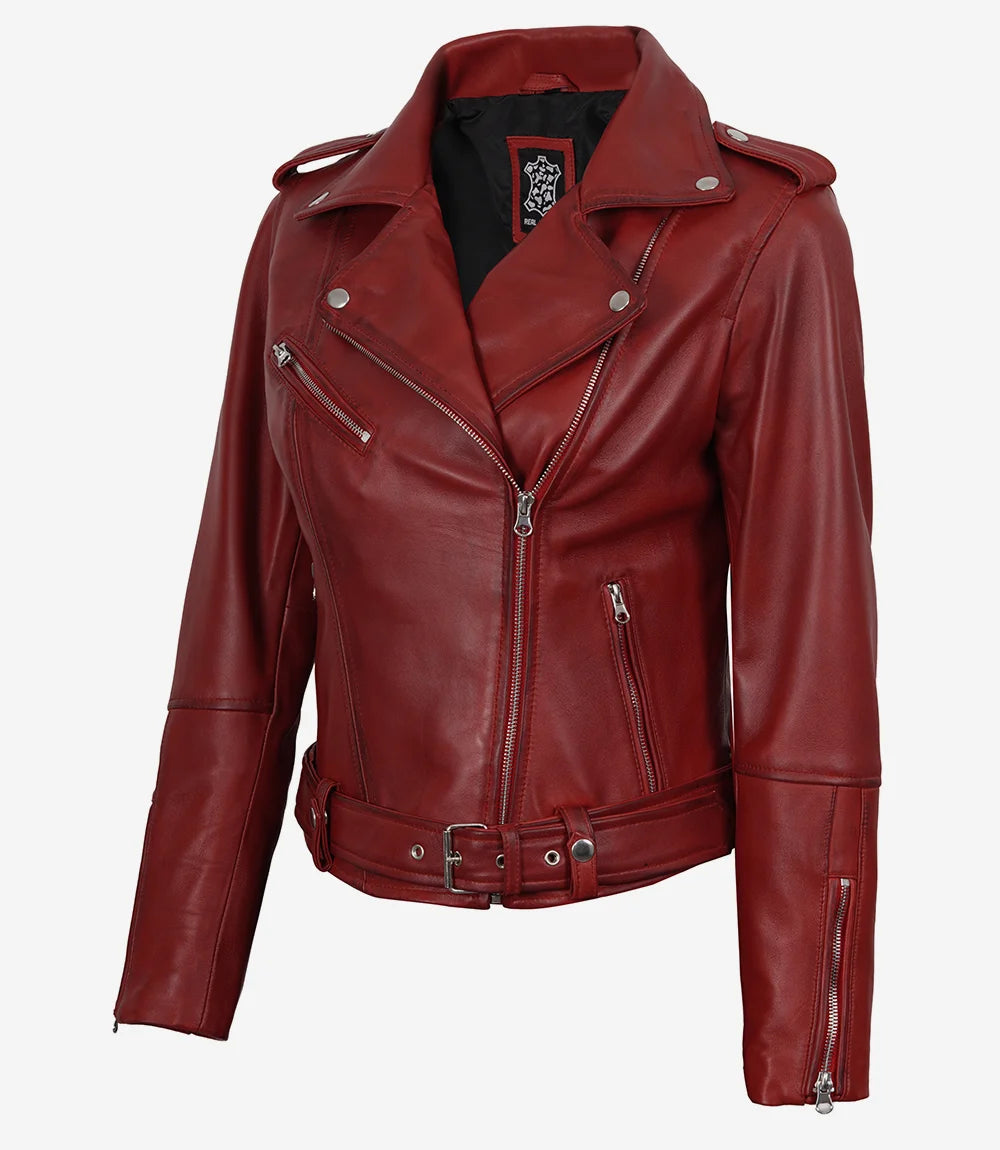Women's Red Asymmetrical Belted Biker Style Leather Jacket