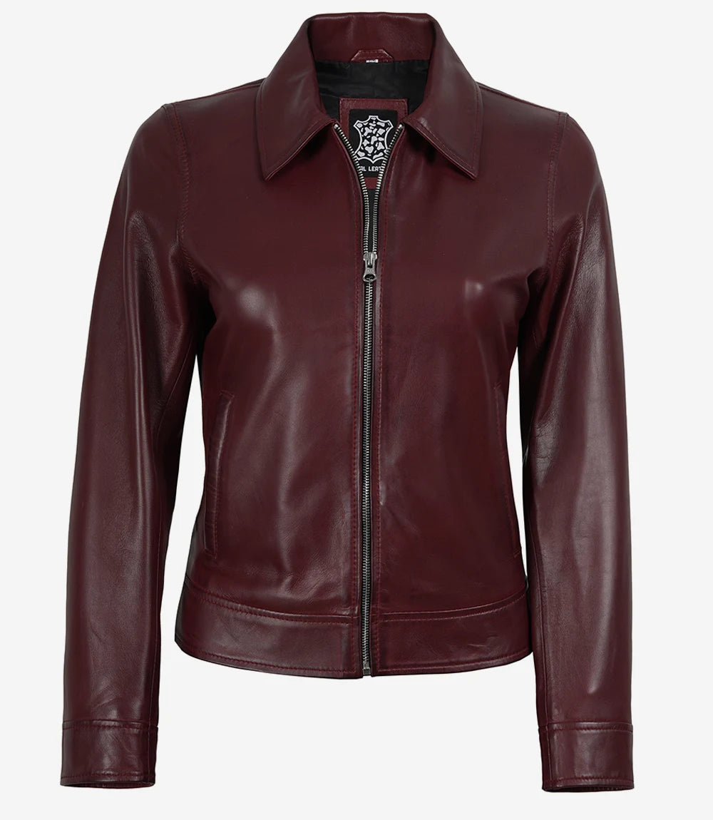 Womens Maroon Waxed Shirt Collar Harrington Leather Jacket