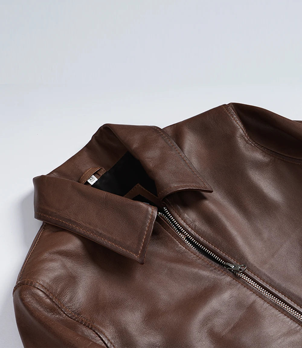 Women's Brown Cognac Waxed Shirt Collar Leather Jacket