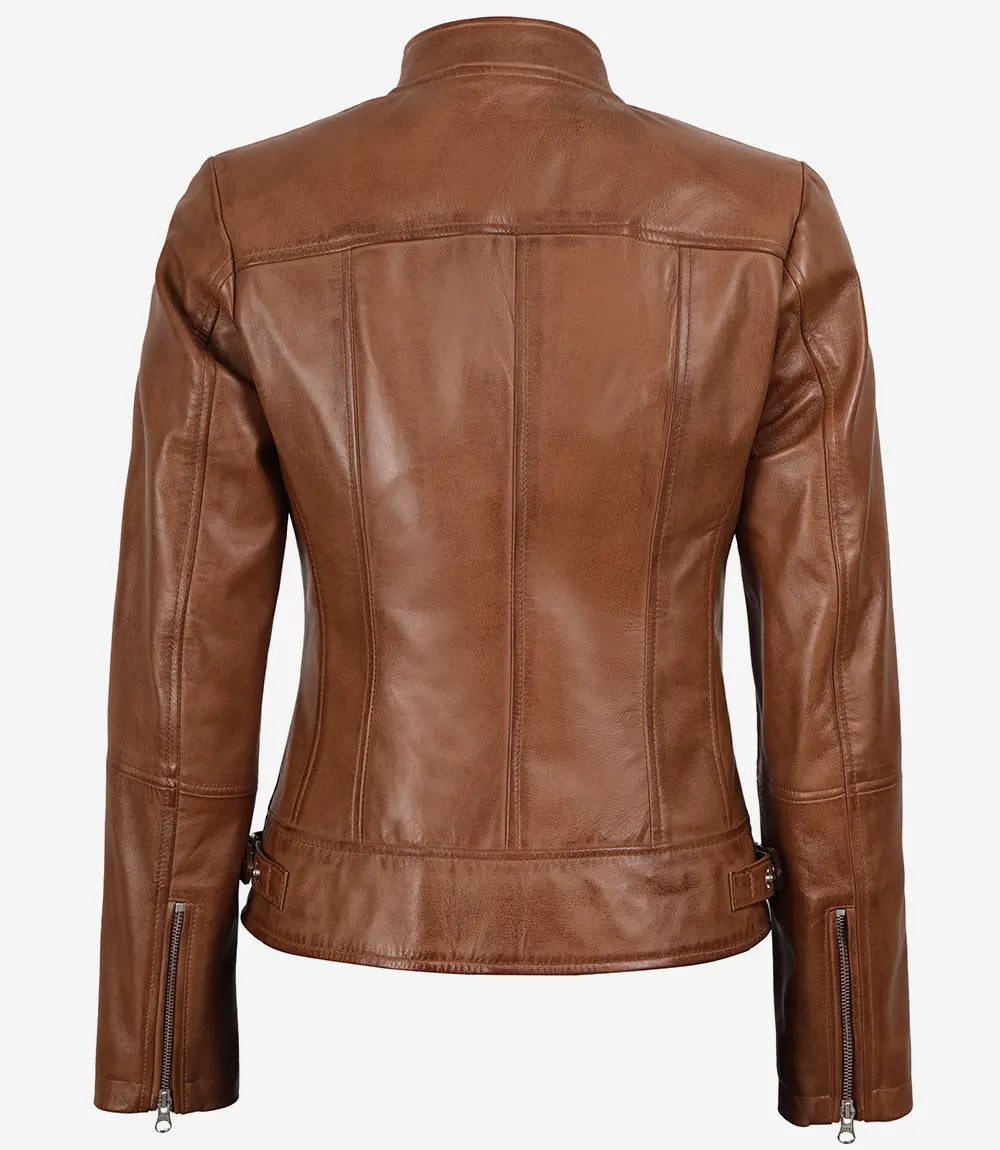 Women's Tan Waxed Slim Fit Biker Style Leather Jacket